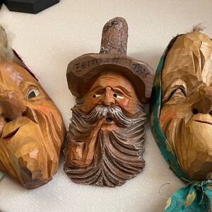 3 Hand Carved Folk Art Faces Old Men & Woman Luzern Switzerland Lucern
